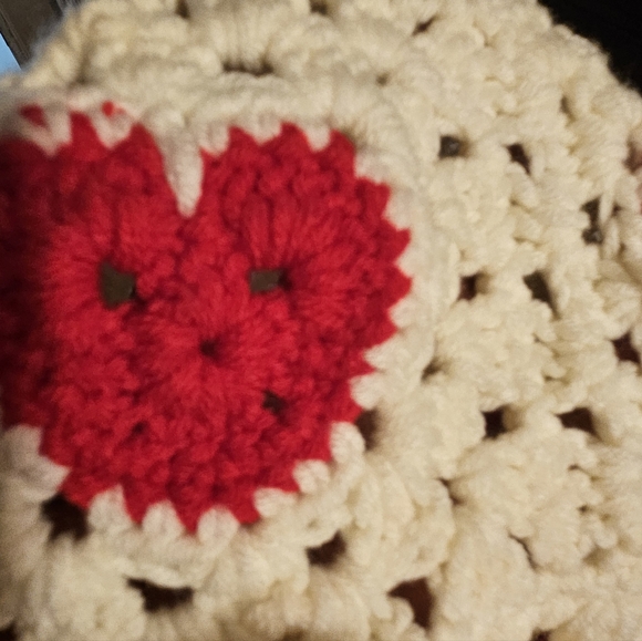 Handmade White and Red Granny Square Bucket Hat with Hearts Ruffle Trim Acrylic - Picture 5 of 16